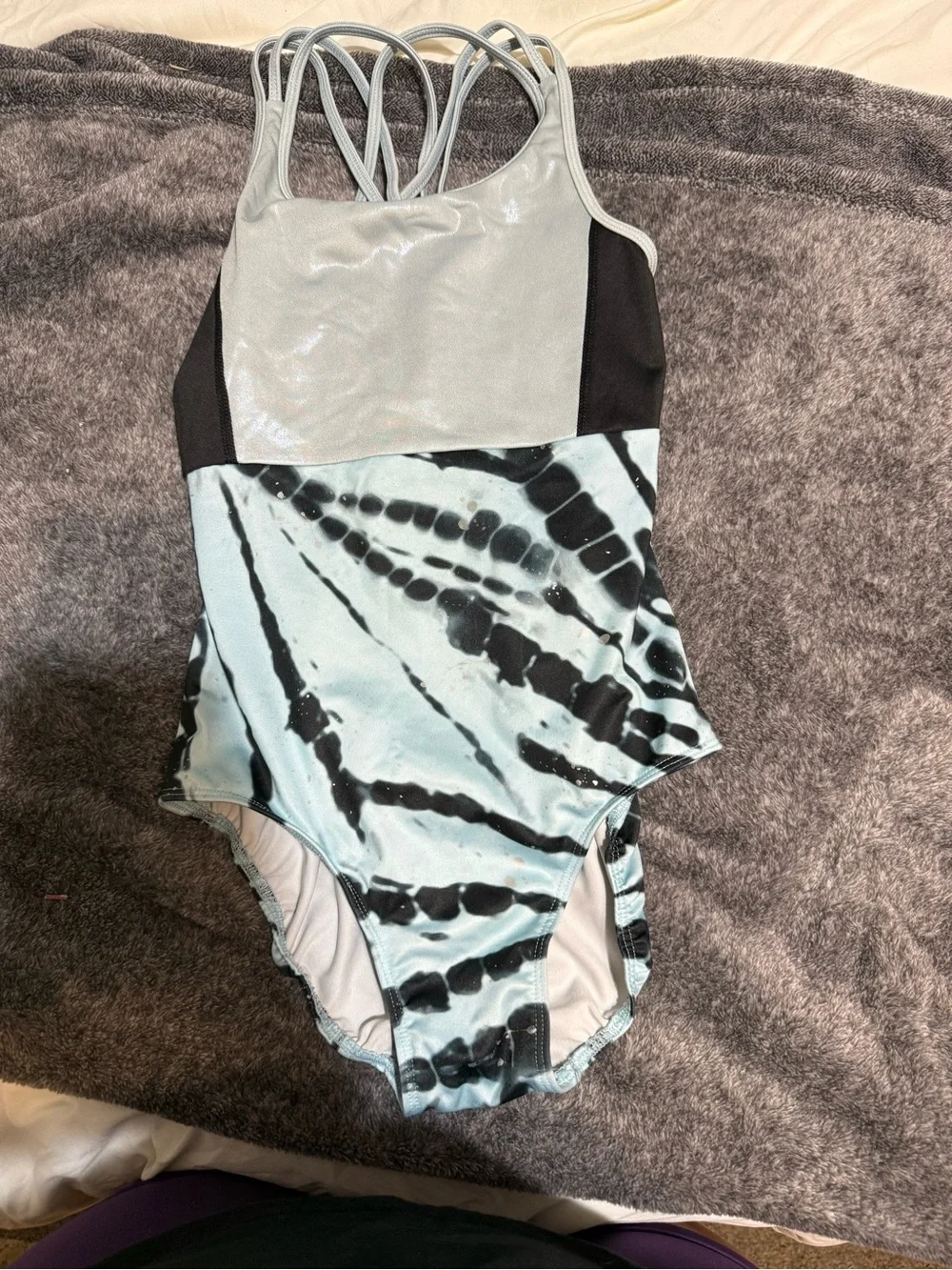 Girls Light Blue Tie-Dye One-Piece leotard with Strappy Back